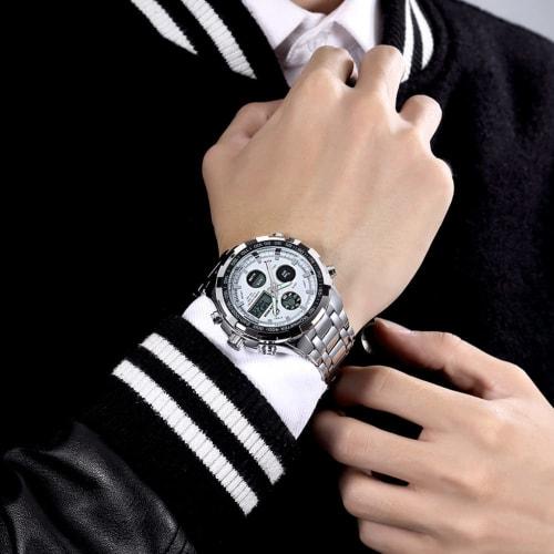 GOLDEN HOUR Luxury Stainless Steel Analog-Digital Watch for Men, Outdoor Sports, Waterproof, Big, Heavy, Silver-White, Digital, Quartz Movement.