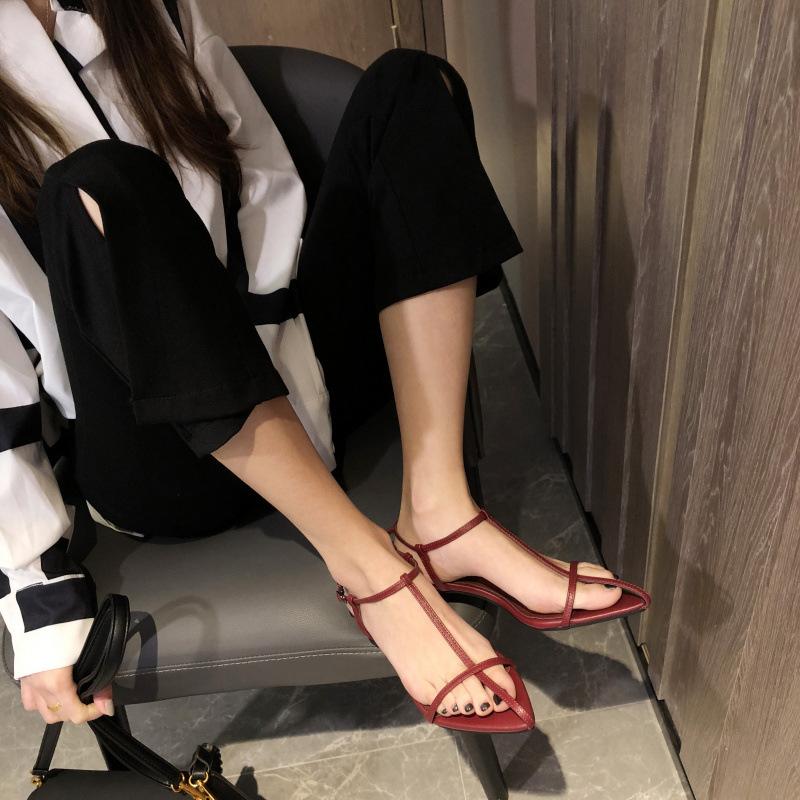 New small high heels cross pointed sandals one-word buckle belt women's shoes