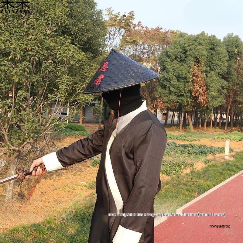 Woven Retro Black Unisex Straw and Bamboo Knight Hat for Film and TV