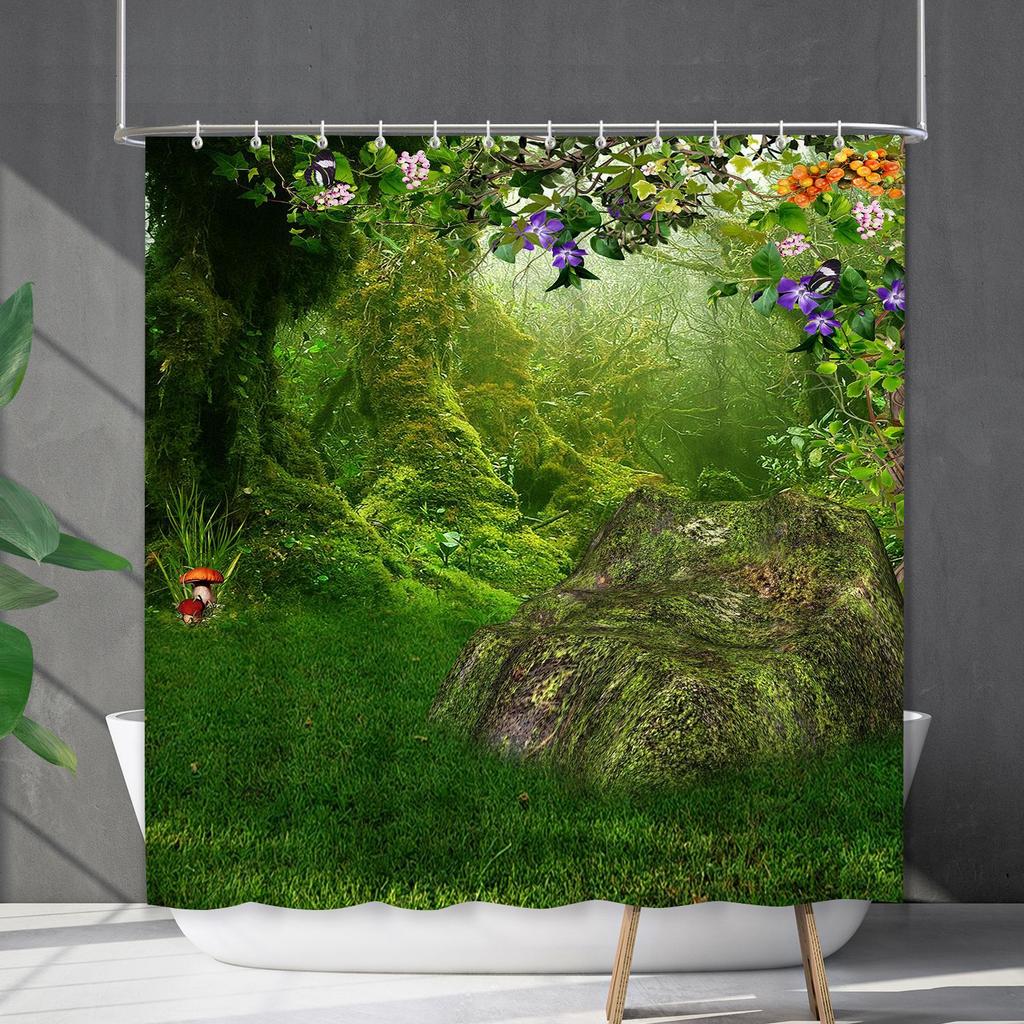 Bathroom Waterproof Curtain Digital Printing Plant Mushroom Shower Curtain Non-Punching Toilet Partition Curtain Shower Cloth