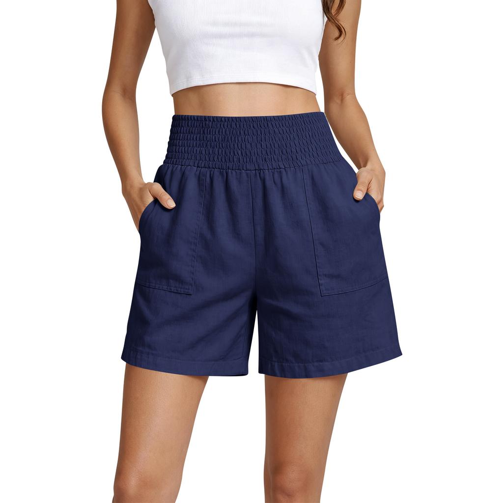 High Waist Elastic Waistband Casual Shorts for Women Loose Fit Cotton Summer Shorts with Pockets Lightweight Design