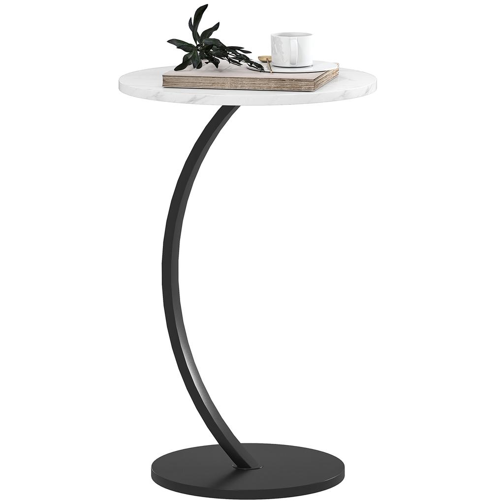 C Shaped Side Table, Round Bedside Table with Marble Effect Top, Modern Coffee Table Sofa End Table with Metal Frame for Living Room Bedroom Office