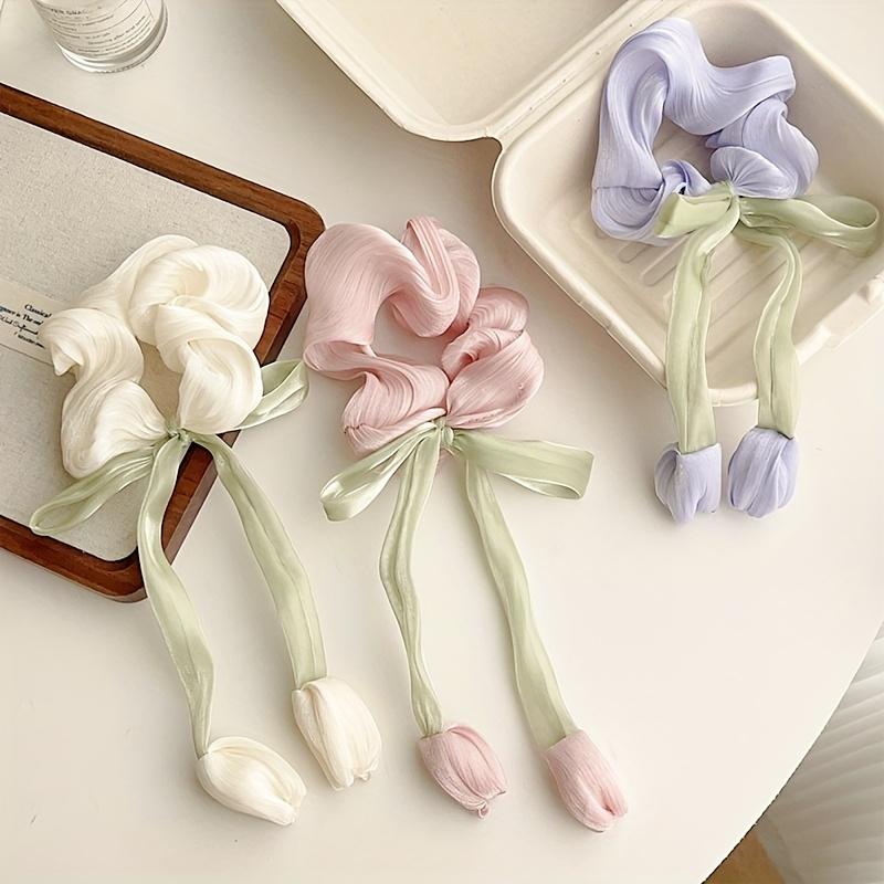 3pcs Sweet Girl Wind Mesh Strap Tulip Large Intestine Hair Hoop Handmade Butterfly Knot  Rope Tie Ponytail Knot Hair Tie