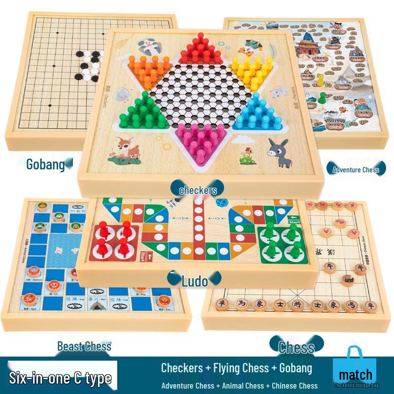 Multi-Board Game Set: Go-Moku, Checkers, Chinese Checkers, Chess, Animal Chess, Army Chess – Parent-Child Educational Toy