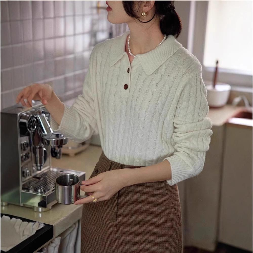 French Retro Wool Cable Knit Lapel Sweater - Women's Autumn Winter Cashmere Polo Collar Top