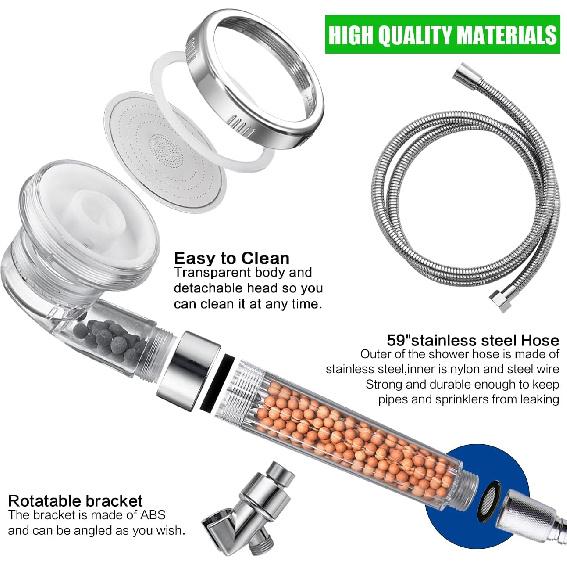 Shower Head With Replacement Hose And Holder, High Pressure Water Saving Handheld Shower Head With 3 Setting Spray 1.6 GPM For Great Shower