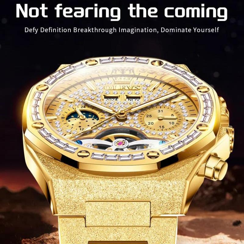 OLEVS Ay Evresi Krono Lüks Saat Elmas Otomatik Erkek Saatleri Zımparalanmış Çelik Kordon İskelet Volan Mekanik Kol Saati