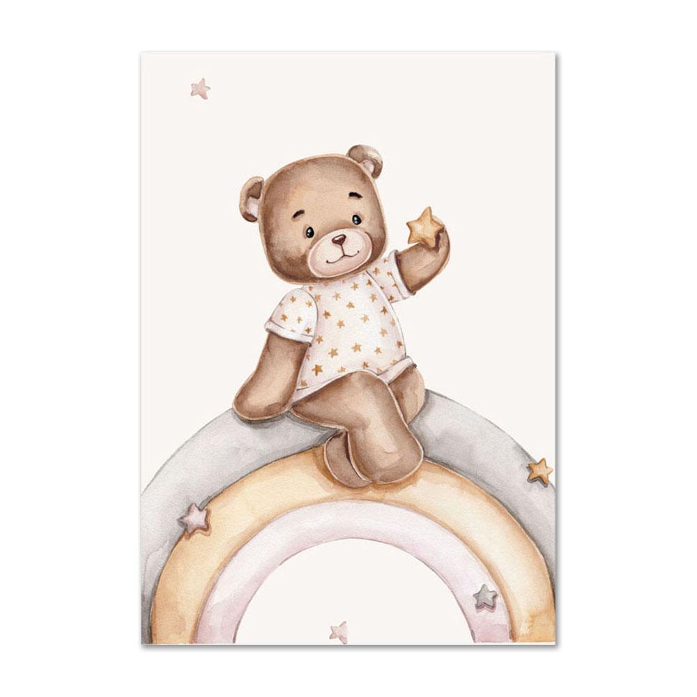 Personalized Nursery Wall Art Poster and Prints Customized Wall Art Cartoon Bear Moon Rainbow Cloud Star Canvas Painting Picture