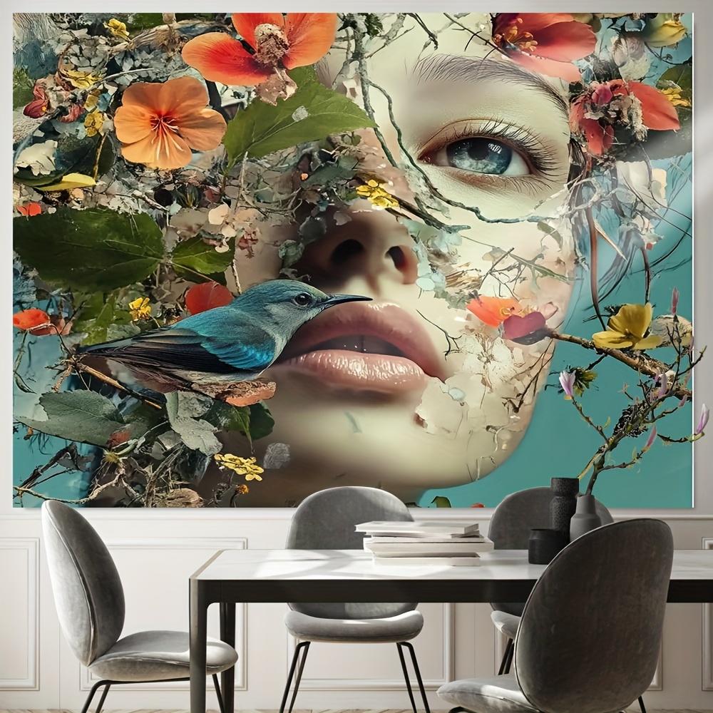 Floral Face Bird Art Tapestry Nature Portrait Wall Hanging Boho Decor Living Room Print