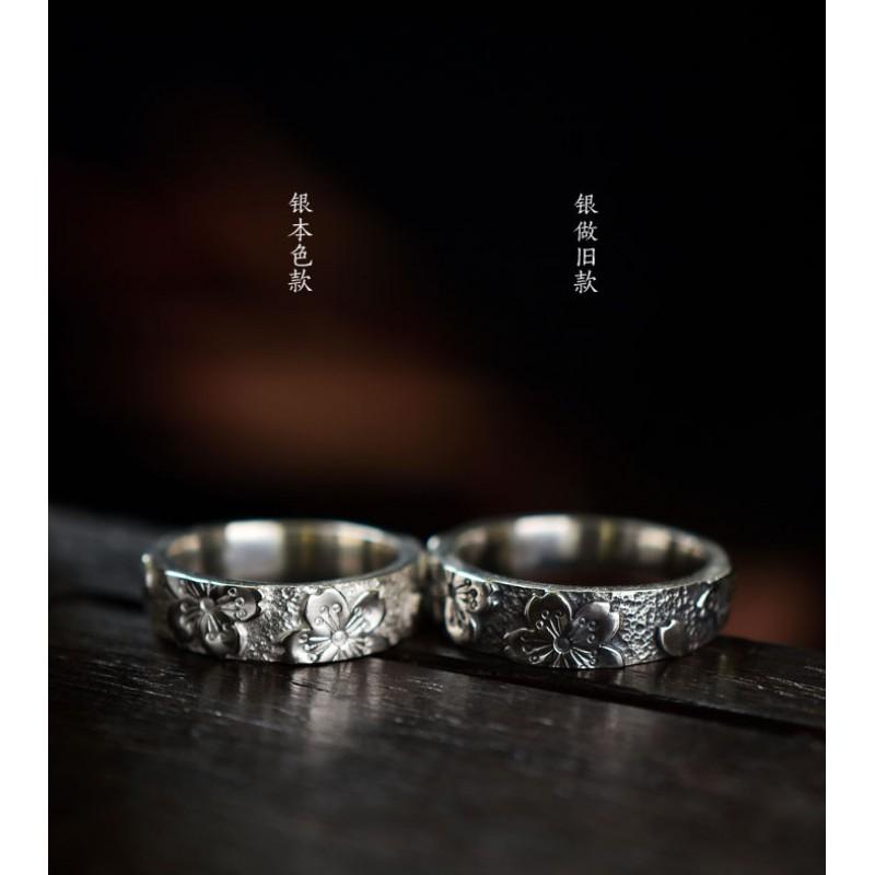 Handcrafted Cherry Blossom Engraved Adjustable Ring Women Men Vintage Boho Floral Open Band Sterling