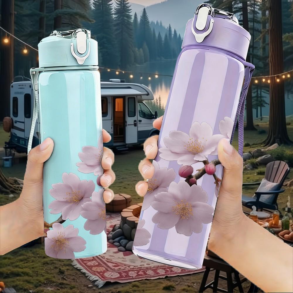 1PC Cherry Blossom Twig Floral Layout 750ml Color Plastic Sports Water Bottle Leakproof Flip Straw Lid For Sports Office Home Use