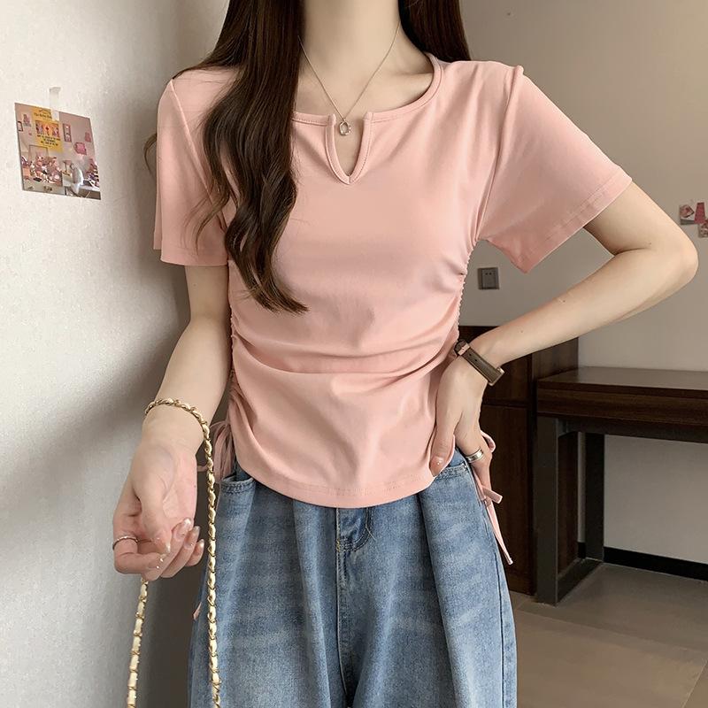 Design-sensual Drawstring Slim Short-sleeved T-shirt with Waist-exposed Sweet and Spicy Style Women's Summer New Sweet Shoulder Top