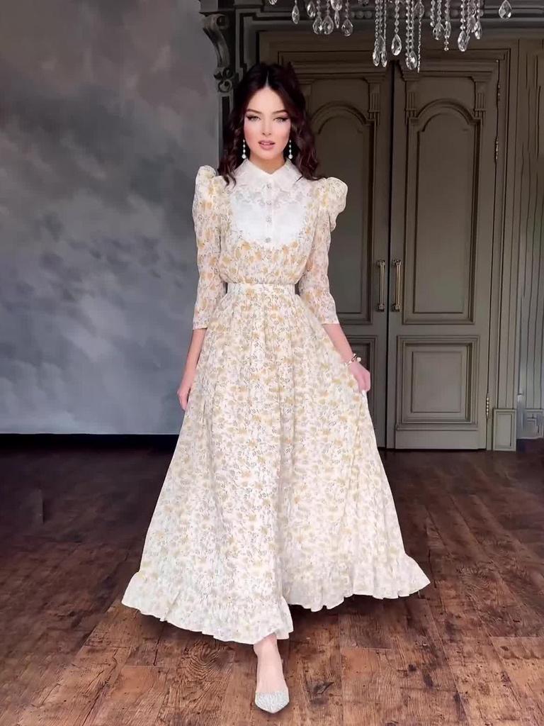 2024 Floral Lace Lapel Slim Fit Dress with Doll Collar