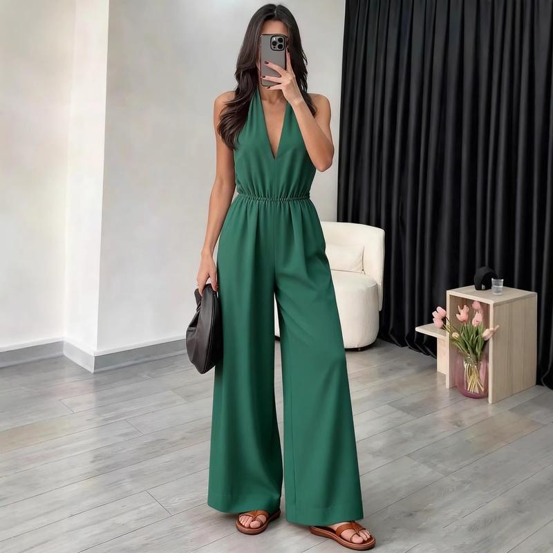 Women's V Neck Jumpsuit Sleeveless Belted Wide Leg High Waist Elegant One Piece