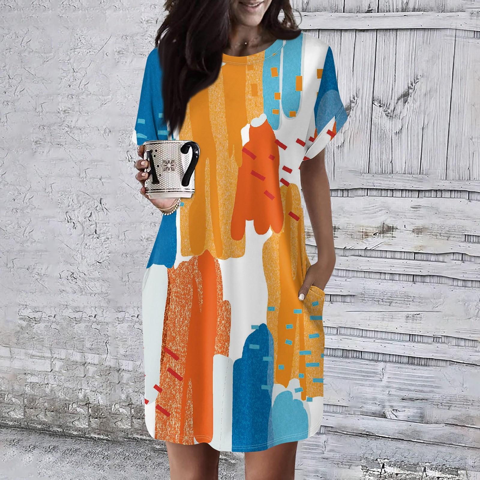 

Жіноча сукня з круглим вирізом і короткими рукавами, повсякденні літні сукні-туніки, вільна сукня з кишенею XL помаранчевий