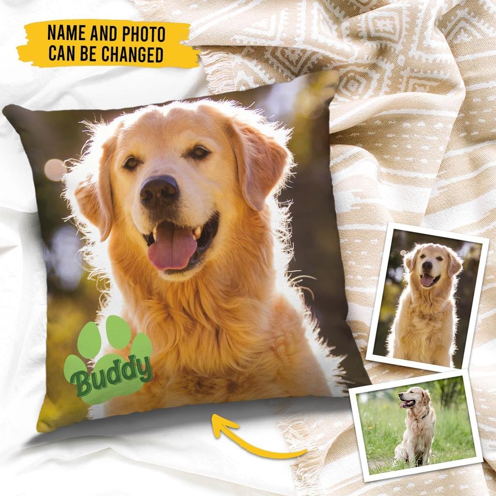 Personalized Pet Pillow Custom Dog Photo with Name Square Cushion Gift for Dog Owner Home Decor for Living Room Gift for Family