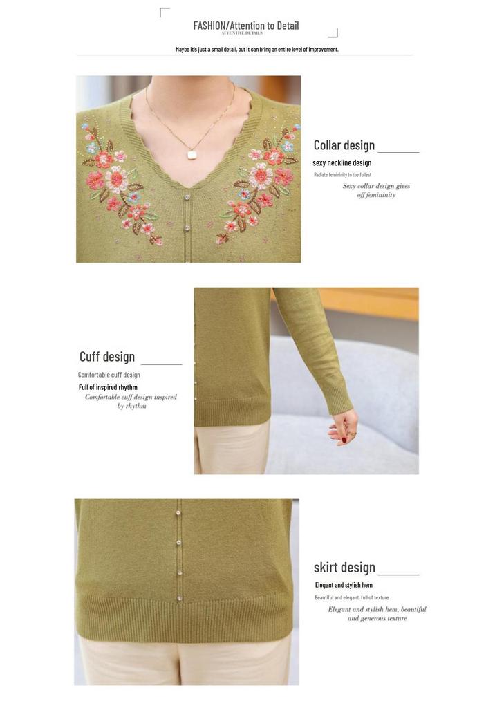 V-Neck Embroidered Knit Cardigan for Mature Women - Spring/Autumn Mother's Top