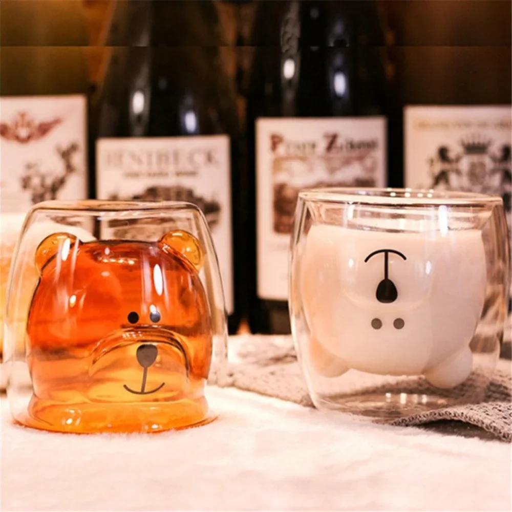 Lovely Glass Mug Transparent Double-Layer Coffee Mug Cartoon Bear Cat Prevent Scald Glass Cup Breakfast Milk Lemon Juice Cup Mug