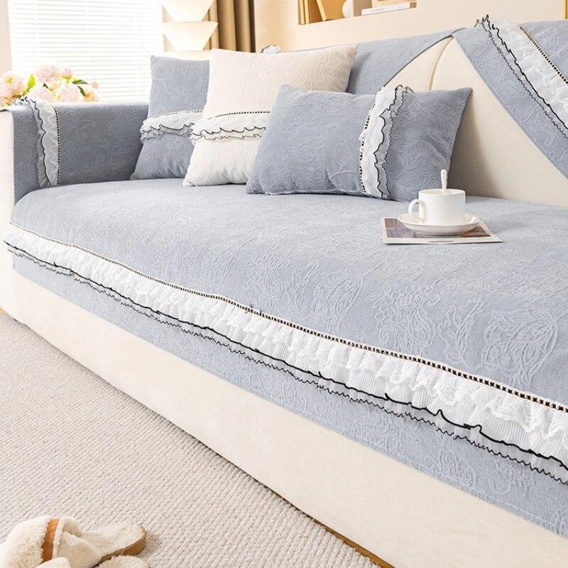 Solid Sofa Cushion Light Luxury Lace Sofa Cover Universal Anti Slip Chenille All Season Living Room Sofa Cover