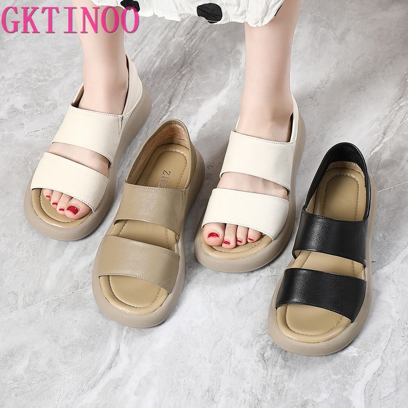 Fashion GKTINOO Women Sandals Large Size Summer New Genuine Leather Beach Sandals Thick Sole Fashion Open Toe Roman Women's Shoes