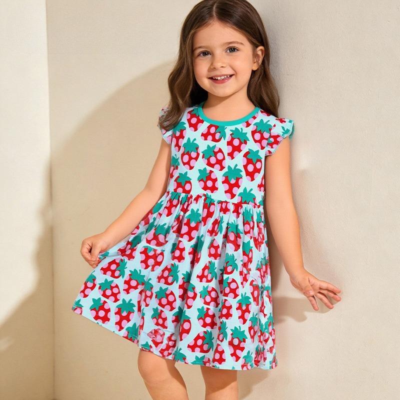 Strawberry Print Girls' Knitted Cotton Sleeveless Princess Dress for Young Children