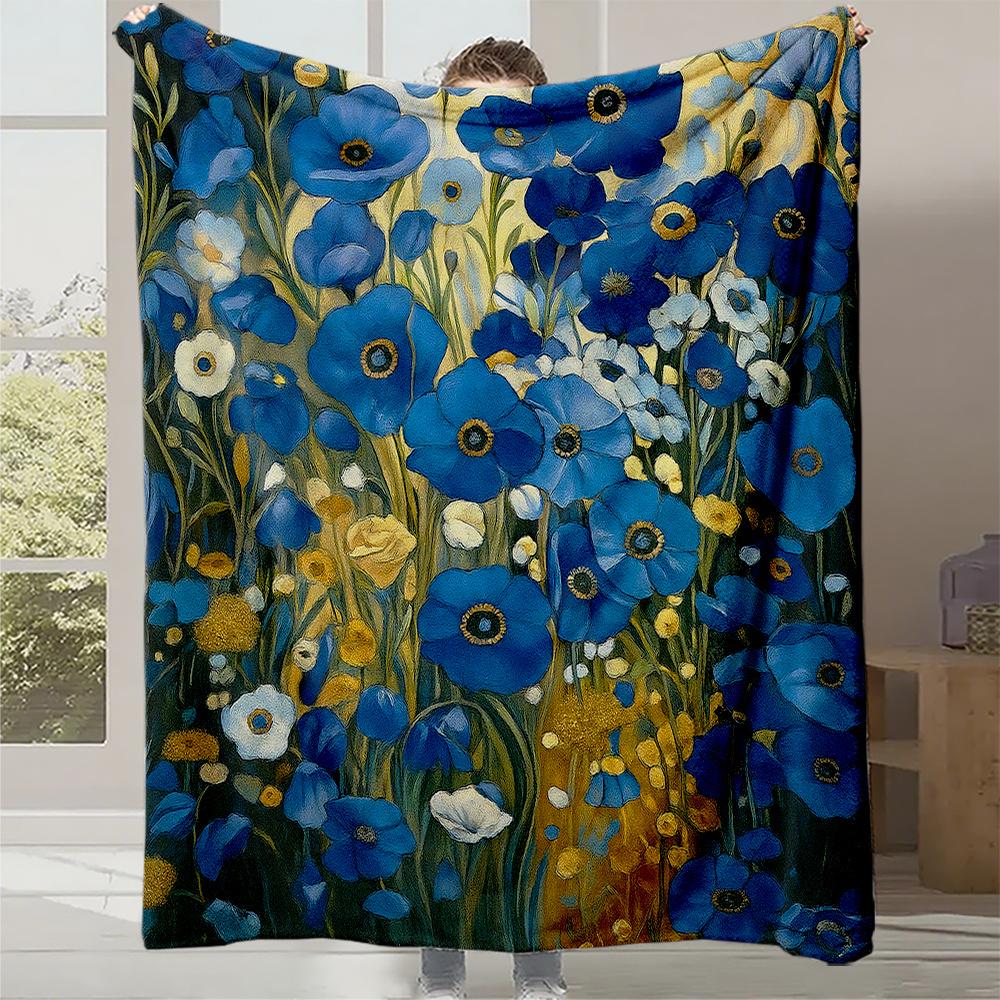 

1pc Monet Blue Poppy Print Flannel Blanket - High Weight Soft & Warm All-Season Throw, Machine Washable Minimalist Home Decor 130x150cm