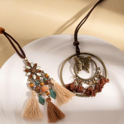Bohemian Retro Ethnic Style Sweater Chain Female Mori Braided Fringed Butterfly Ring Pendant Necklace