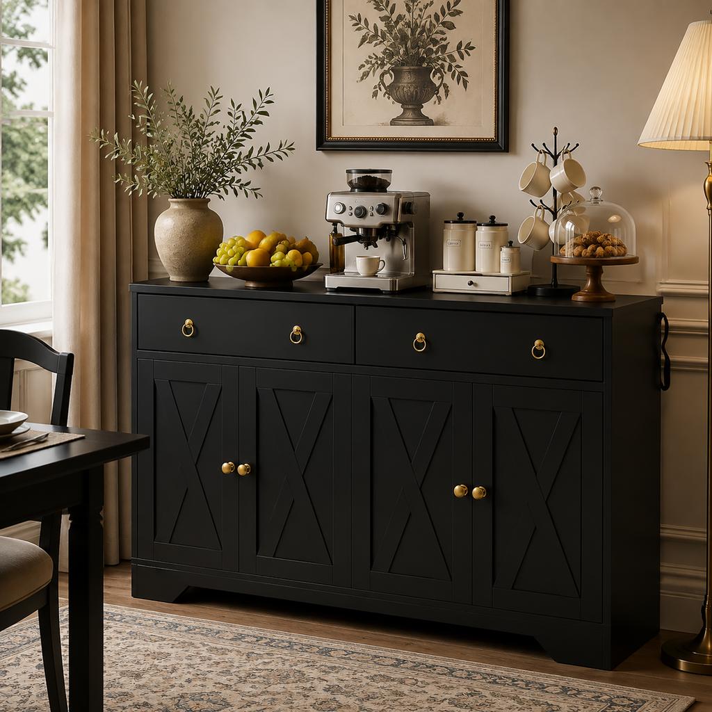 Kitchen Buffet Storage Cabinet, 2 Drawers, 2 Cupboards, Adjustable Shelves, Black