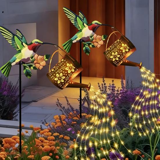 Solar Watering Can Garden Light Metal Hollow-Out Hummingbird Decorative Light Outdoor Spike Lamp for Lawn Pathway Patio