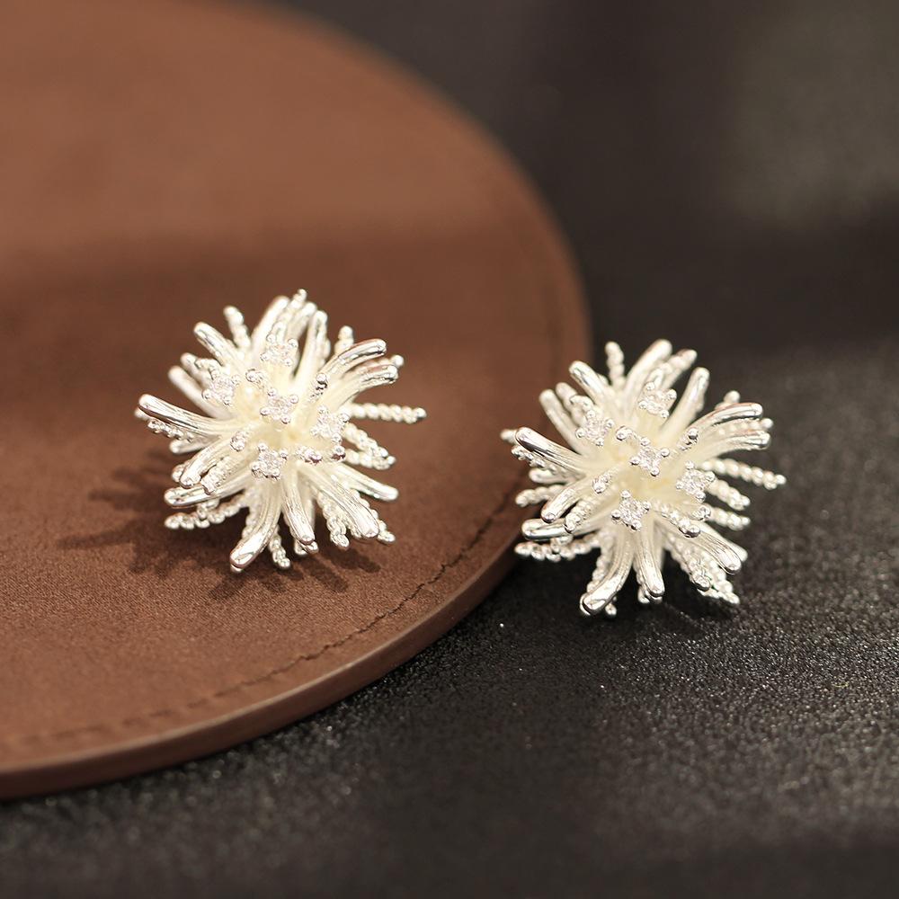 Super fairy light luxury dandelion alloy earrings Korean exaggerated electroplating three-dimensional ear clips personalized temperament fashion earri