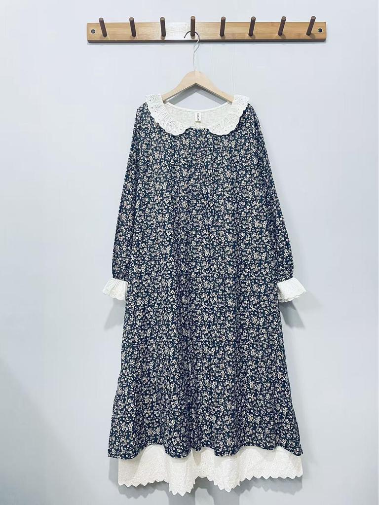 2026 Spring Women's Japanese Doll Collar Floral Cotton Dress, Loose Fit.
