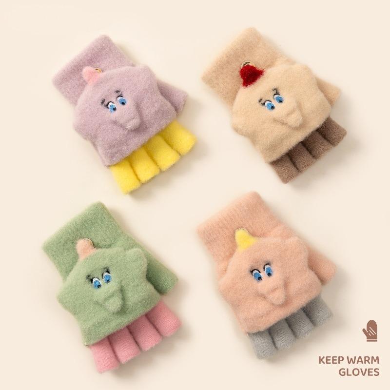 Cartoon baby elephant half-finger flip knitted dew finger kindergarten thickened cold-proof writing winter girls' gloves to keep warm