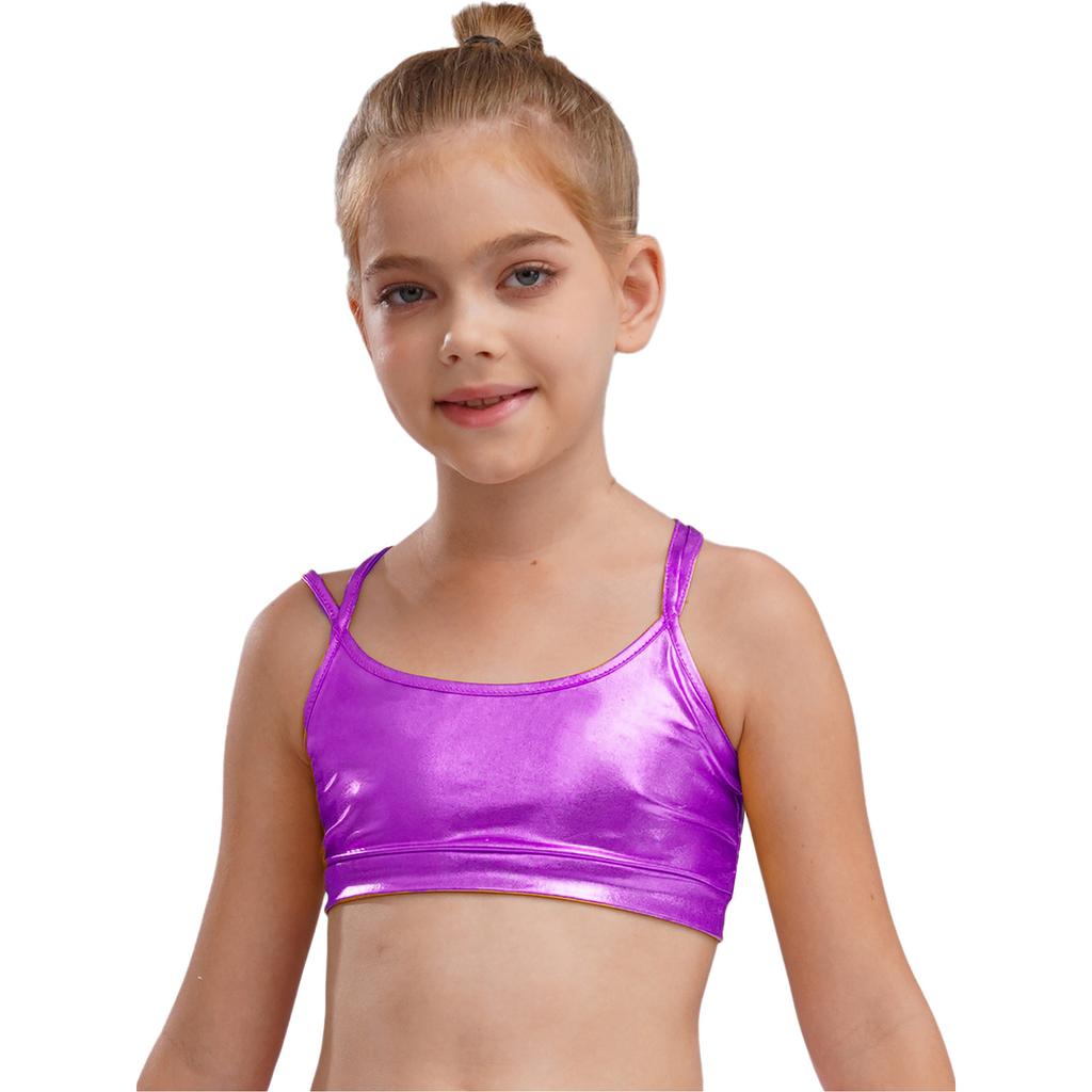 Girls Gymnastics Dance Camisole Crisscross Strappy Back Metallic Crop Top