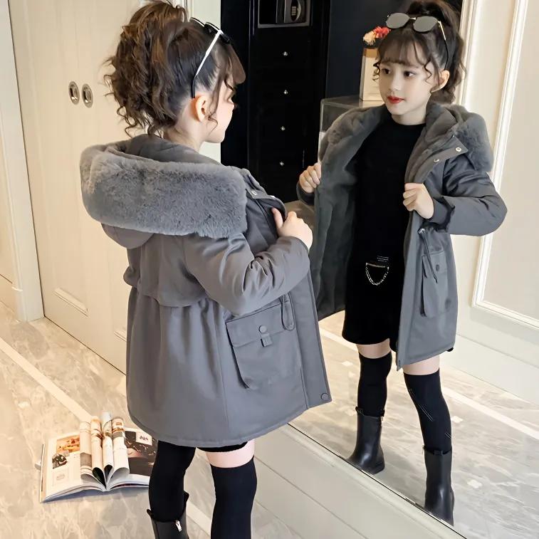 Girls Plush Velvet Fur Collar Coats Children's Winter Warm Hooded Outerwear Teenager Padded Parka