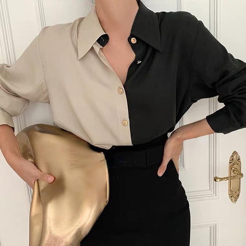 Vintage skjorte kvinner Elegant kontor damebluser Y2k Koreansk stil Langermet Oversize Patchwork Uformelle topper Dame