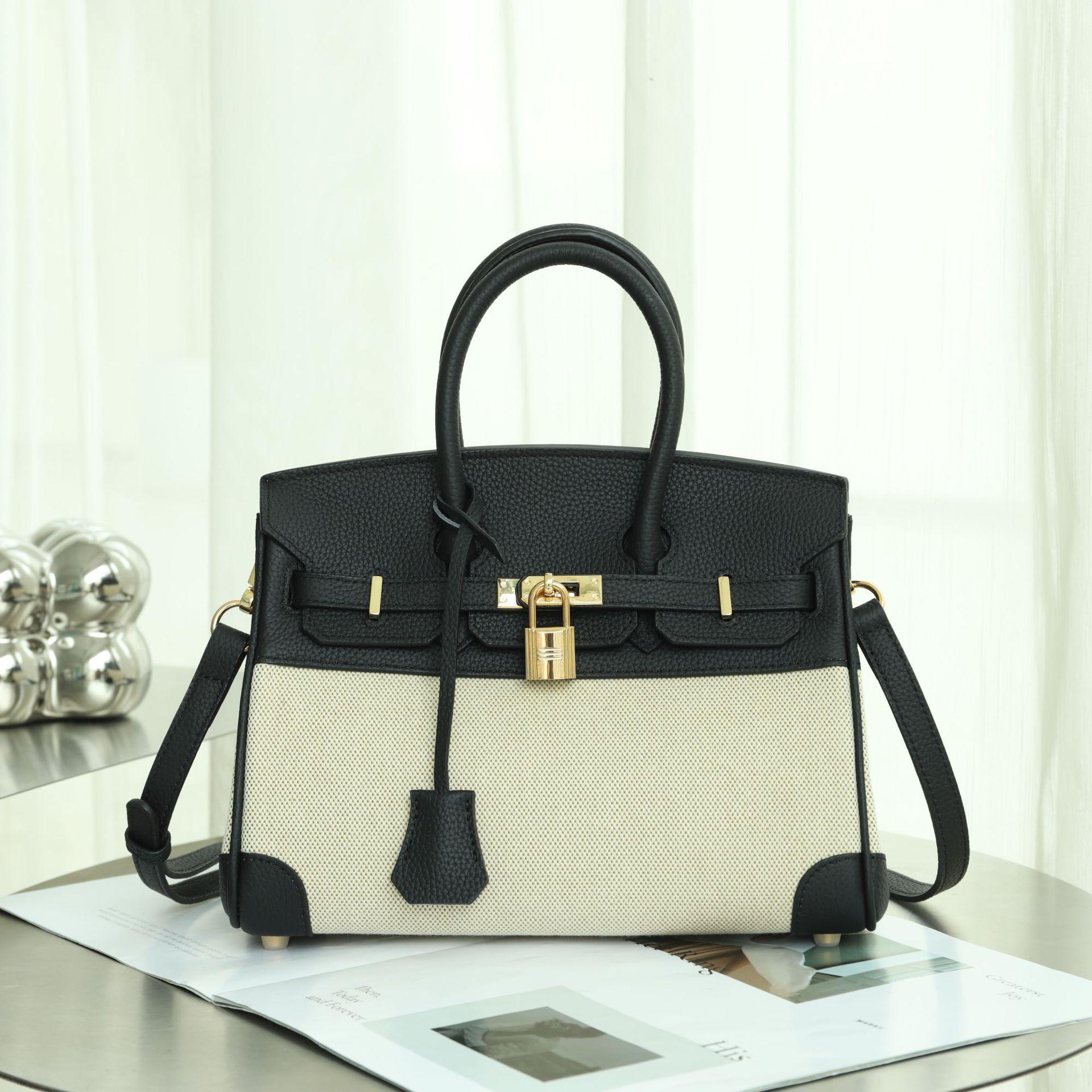 

Женская сумка через плечо из высококачественного холста и натуральной кожи — большая вместимость, повседневная строчка, контрастный цвет, стиль почтальона 25cm x 13cm x 20cm