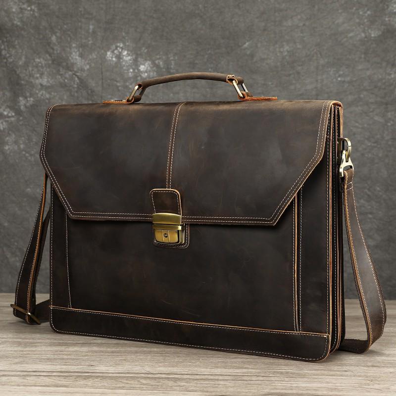 Genuine Leather Retro Men's Business Briefcase Crazy Horse Large Capacity Lock Anti-theft Computer Bag Handbag Men