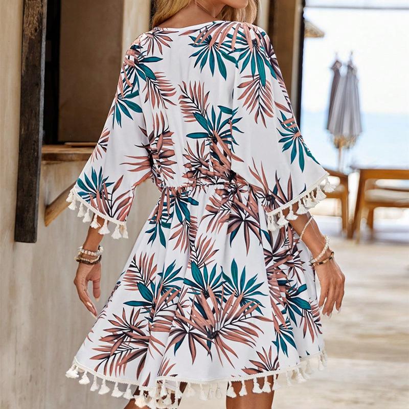 Summer Fashion Sun-protective Blouse with Floral Tassels and Drawstring for Women