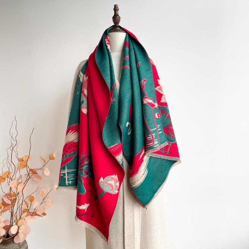 Imitation cashmere ink painting lotus scarf women's new warm simple autumn and winter double-sided thickened scarf