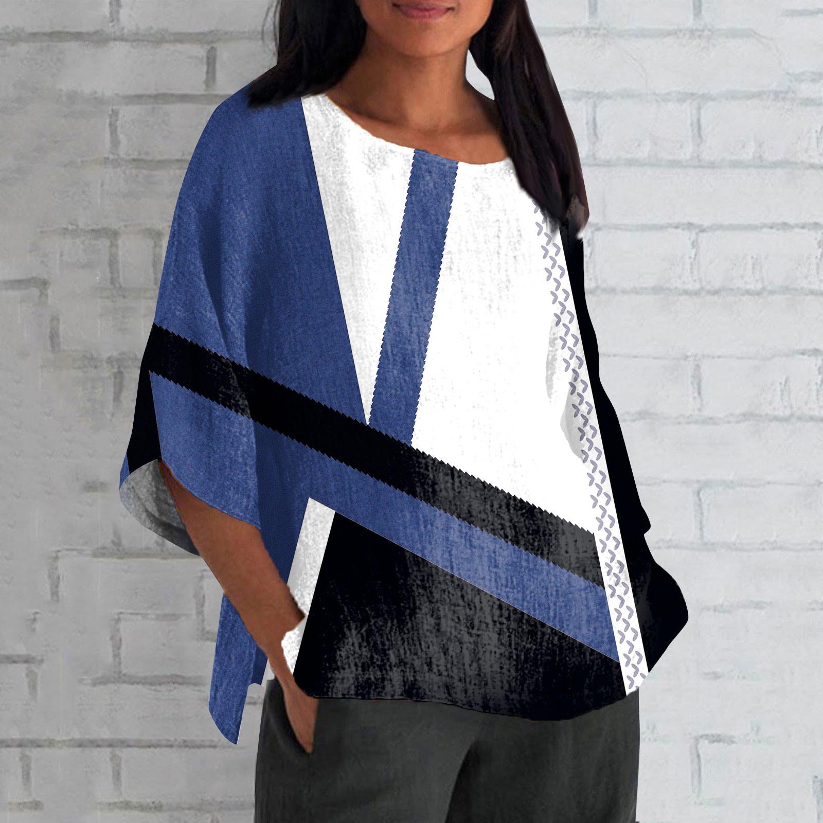 

Женская мода с половиной рукавом и круглым вырезом с принтом, свободная повседневная блузка, топ XXL синий