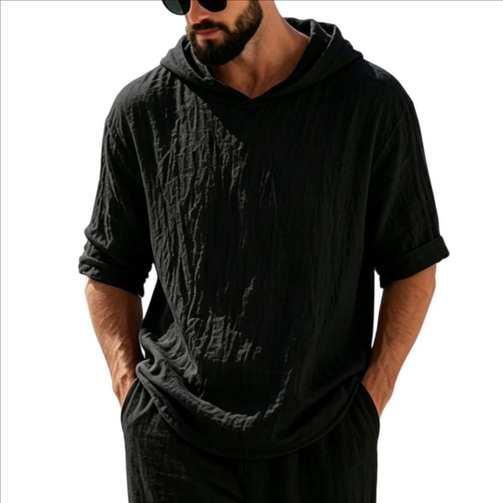 Men's Short Sleeve Hoodie, Lightweight Hooded T-Shirt with Texture, Casual Summer Streetwear Top for Men