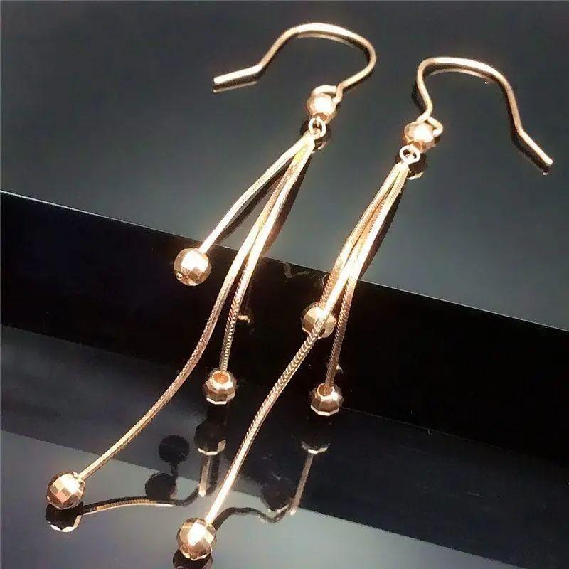 

Exquisite Purple Gold Color Gold Round Bead Fringed Long Earrings Simple Luxury Fashion High Sense Rose Gold Plated Earrings