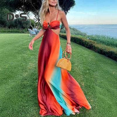 Summer Beach Dress Low-cut Waist-Exposed Backless Sleeveless Hollow Out Vacation Slip Dress Contrast Color A-line Maxi Dress