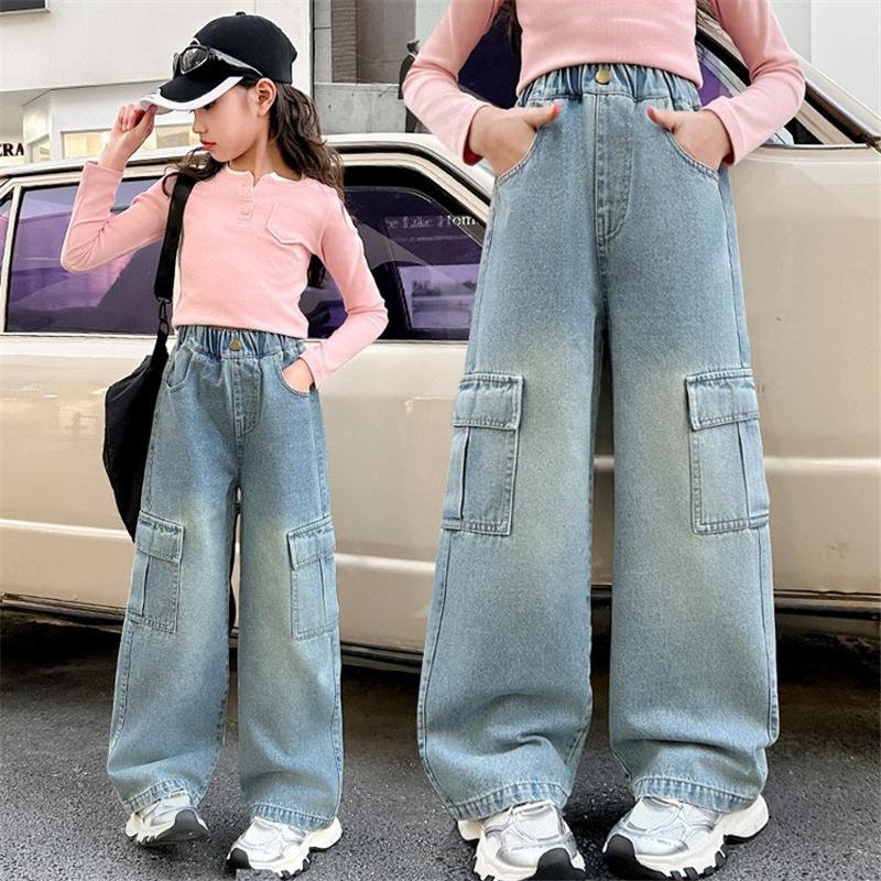 Girls Cargo Demin Pants Kids Casual Wide-legged Jeans Teenagers Fashion Streetwear Baggy Trousers Children Clothes 5-14 Years