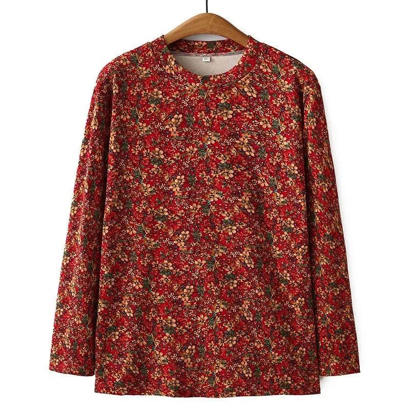 Middle-aged and Elderly Women's Spring and Autumn New Floral Long-sleeved Bottoming Shirt Tops