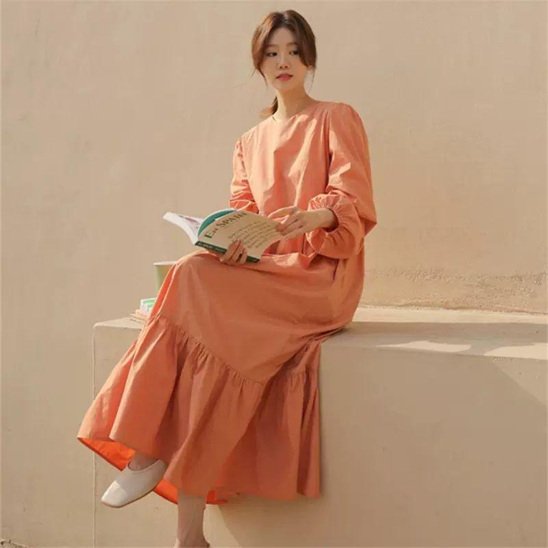 Lantern Sleeve Ruffled Long Sleeve Dress Spring Autumn Loose Fit Tummy-Hiding Slimming Maxi Dress