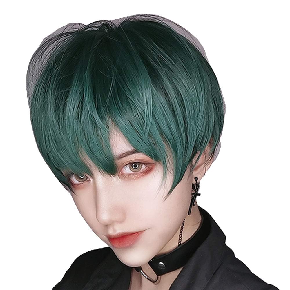 

Men s Harajuku-style Green Short Wig, Semi-Long, Fashionable, with Net, Natural, Unisex