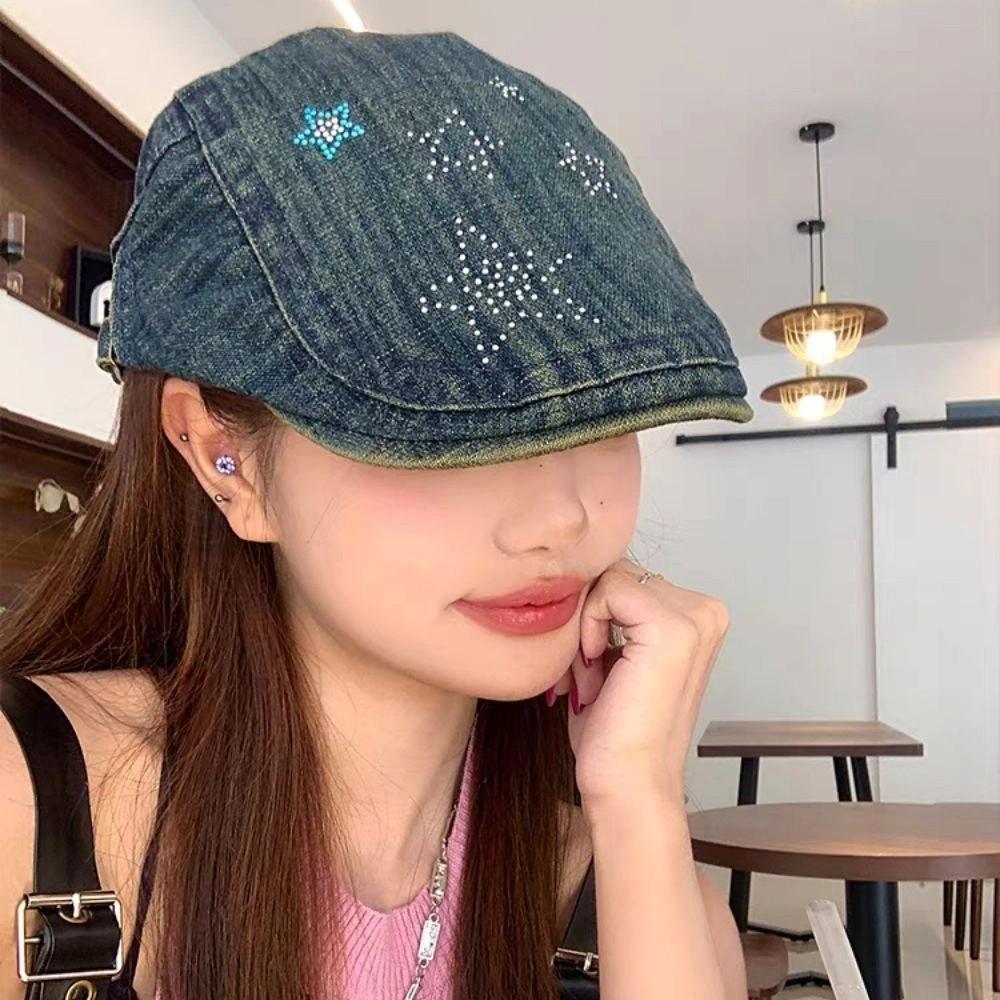 Y2k Star Cowboy Beret Embroidey Painter Hat Casual Artist Hat Spring Summer