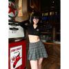 0122stepll Retro American Midriff-Baring Top Plaid Pleated Skirt Suit Fashion Fried Street Sexy Two-piece Set#