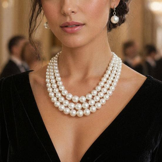2Pcs/Set Women Jewelry Gift, Three-Layer Imitation Pearl Choker Necklace And Hook Earrings, Adjustable Chain Length Necklace Earrings Set